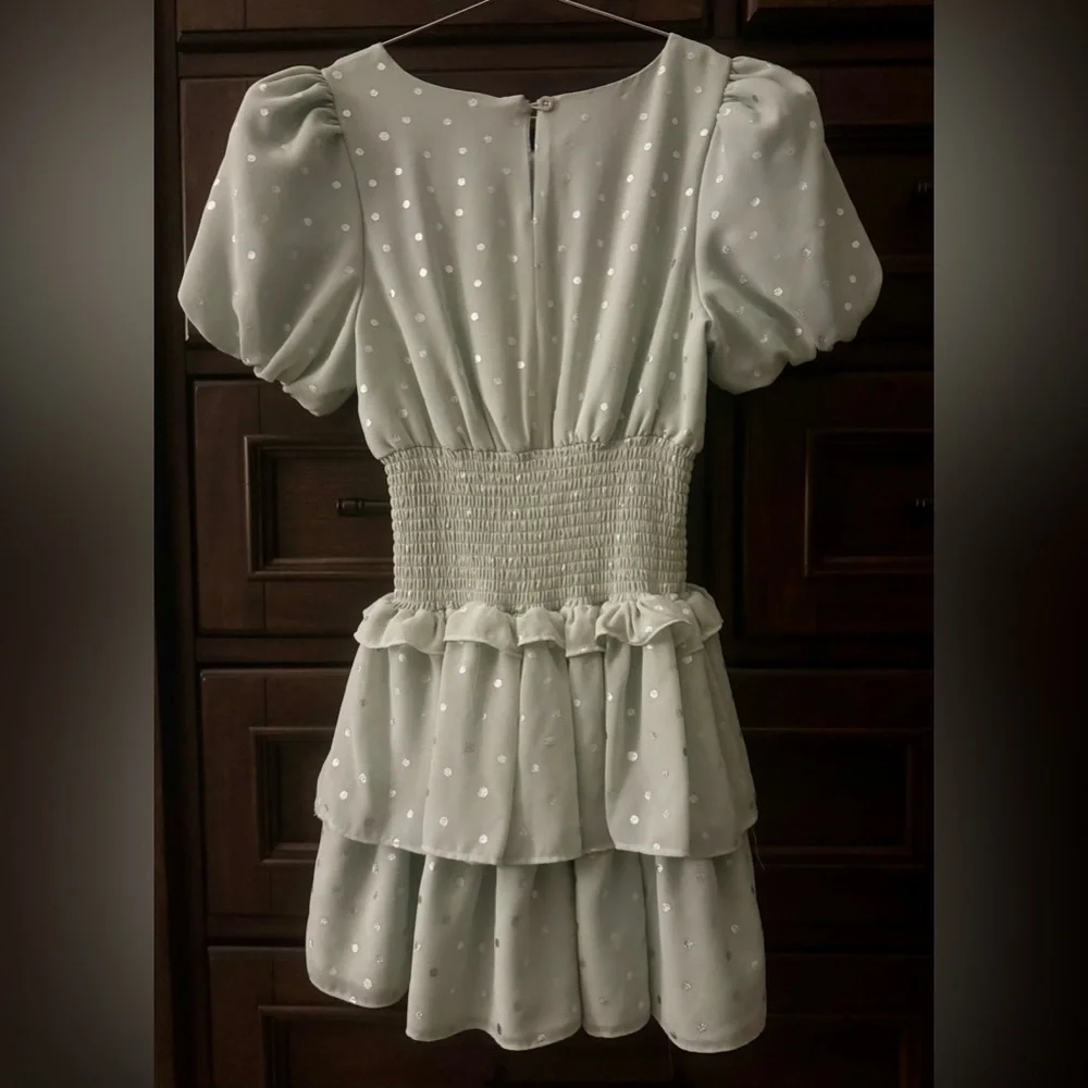 Habitual Girls Light Green w Silver Polka Dot Puff Sleeve Dress - Size 12 - NWOT - Picture 4 of 7
